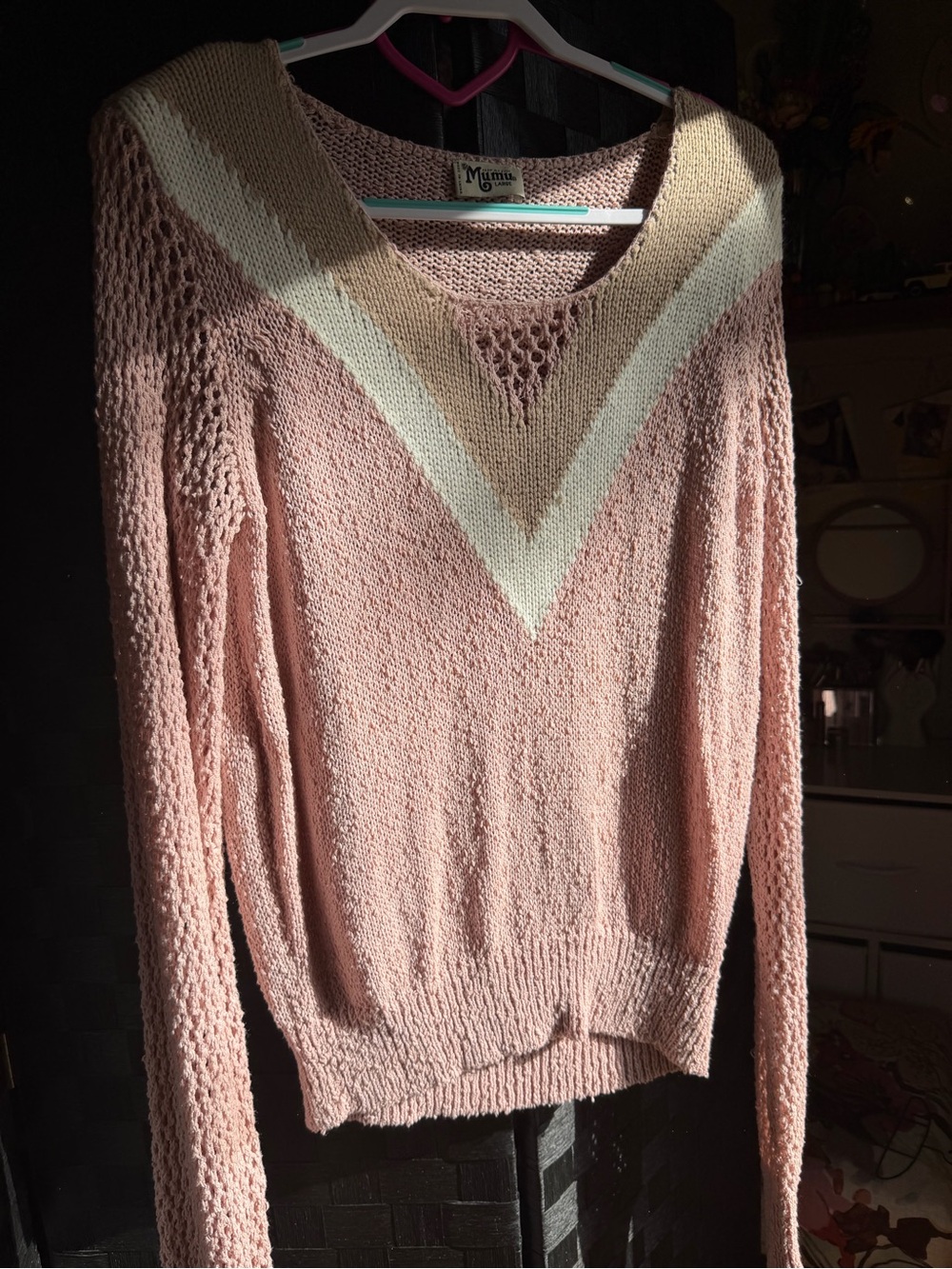 Show Me Your MuMu Pink Chevron V-Neck Sweater with Cream and Tan Stripes